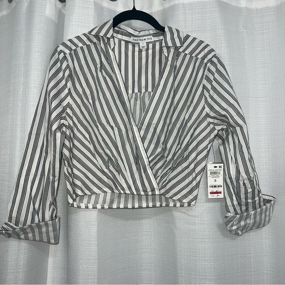 Women's Striped Wrap Crop Blouse - Black and White